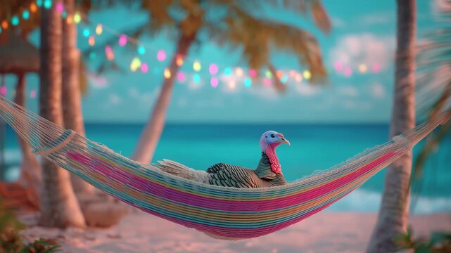 A turkey enjoys a peaceful moment in a brightly colored hammock on a tropical beach surrounded by festive lights on Thanksgiving day