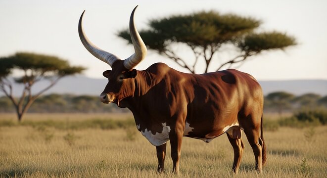 A majestic Ankole-Watusi cattle with impressive long horns stands in a dry savanna landscape under a clear sky, with acacia trees in the background.