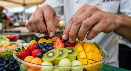 Person arranging a colorful fruit salad in a bowl.