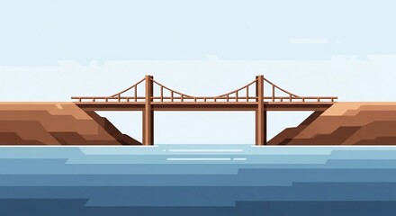 Pixel Art Suspension Bridge Over Water Landscape Illustration.