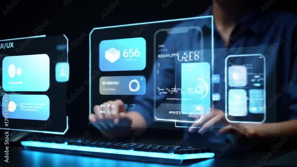 Poster programmer typing on futuristic keyboard with floating blue screens