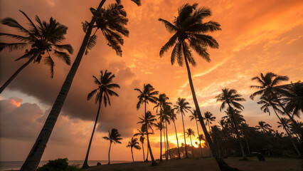 Tropical sunset with silhouetted palm trees against orange sky