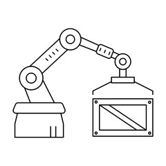 Robotic Arm Lifting Crate Line Icon – Warehouse Automation Vector