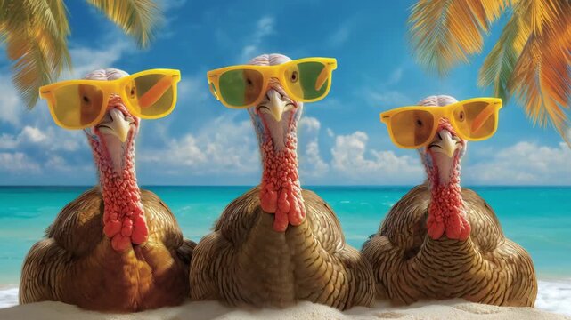 Three turkeys enjoy a sunny day at the beach, sporting bright sunglasses, embodying the festive spirit of the Thanksgiving holiday season