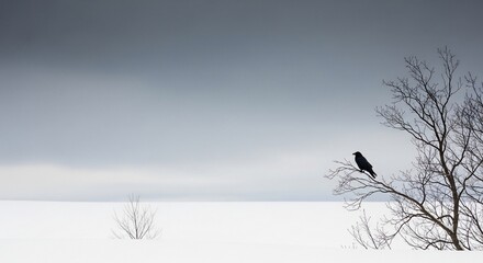 Raven on a Branch in Winter Landscape.
