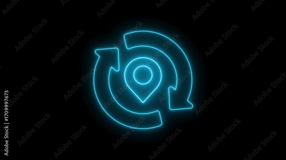 Poster blue neon location pin inside circular arrows icon on black background navigation