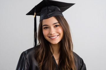 portrait of beautiful mexican graduate from high school wearing a black gown and cap on a white background
