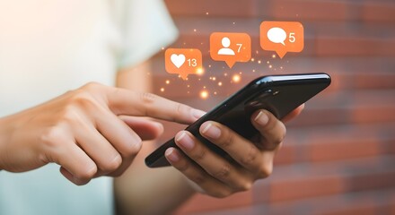 A person is holding a smartphone with social media notifications, including likes, followers, and comments, displayed on the screen.