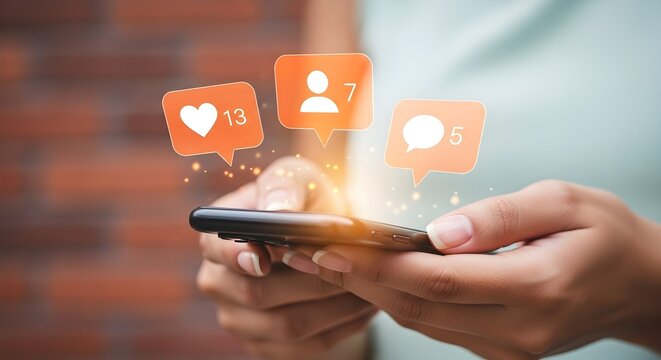 A person is holding a smartphone with social media notifications, including likes, followers, and comments, displayed on the screen.