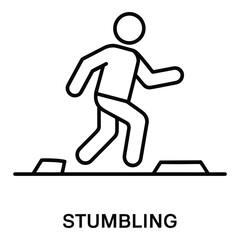 Stick figure stumbling over obstacles representing challenges and potential accidents ahead warning sign silhouette