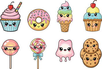Cute kawaii dessert cartoon vector set with cupcakes, donuts, ice cream, candy, cookies, and sweets for kids illustrations