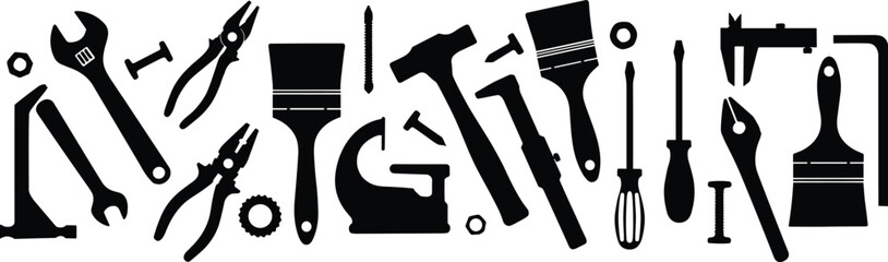 Vector illustration of hand tools including paintbrushes, pliers, wrenches, hammer, caliper, screws, and woodworking tools for repair and construction projects