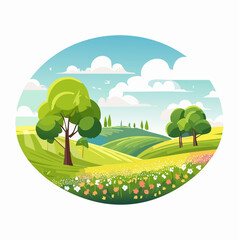 Naklejka premium spring landscape with trees in the foreground and hills with vibrant blooming meadow