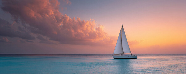 Sailboat gliding on serene turquoise waters under a vibrant sunset sky. Represents freedom, adventure, and tranquility. Ideal for travel, lifestyle, or aspirational themes.