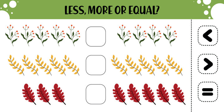 Less More or Equal Worksheet with Red and Yellow Leaves