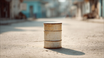 Naklejka premium Rustic aged barrel on sunbaked pavement, hinting at scarcity, hardship, or resourcefulness. Perfect for themes of resilience, poverty, or urban landscapes.