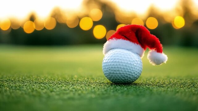 A golf ball adorned with a santa hat sits on a green as soft winter light creates a festive atmosphere during the holiday season