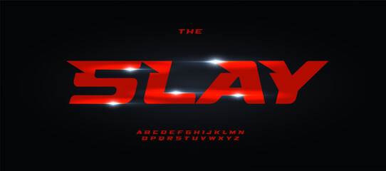 Obraz na płótnie Canvas Turbo red alphabet, angular geometric bold italic font for sporty typographic logo, edgy headline, racing speed automotive typography. Vector typeset.
