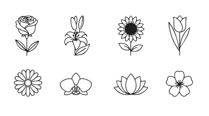 Collection of hand drawn line art flower icons perfect for decorative floral designs silhouette