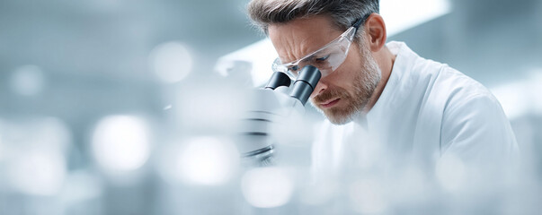 Closeup of a focused scientist in lab coat and safety glasses using a microscope. Represents research, discovery, healthcare, and innovation. Professional and clean design.