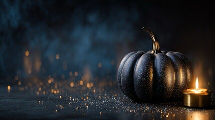 Una zucca nera illuminata da una candela su uno sfondo tenebroso. 