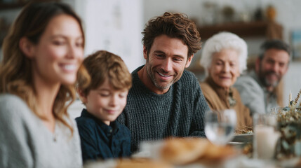 Warm family gathering. Multigenerational members smile at a dinner table, embodying love, togetherness, and celebration. Perfect for lifestyle, holidays,  family themes.