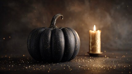 Una zucca nera illuminata da una candela su uno sfondo tenebroso. 