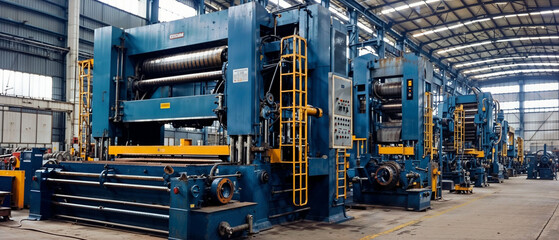 Huge steel press machine operating in manufacturing hall