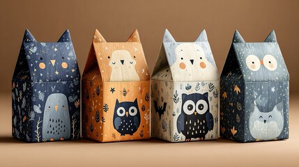 Scatole di carta decorate con immagini di gufi colorati, ideali per cioccolatini e caramelle