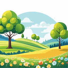 Obraz premium spring landscape with trees in the foreground and hills with vibrant blooming meadow