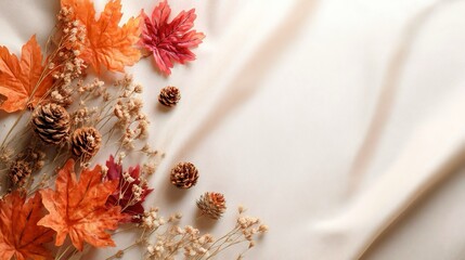 Composizione di foglie d'autunno e fiori secchi su uno sfondo di tessuto bianco, evocando la bellezza della stagione.