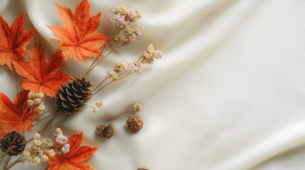 Un'immagine autunnale mostra una composizione elegante di foglie arancioni, pigne e fiori secchi, disposti con grazia su un tessuto bianco crema.