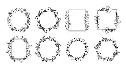 Collection of delicate hand-drawn floral wreaths and frames perfect for invitations and decorations silhouette