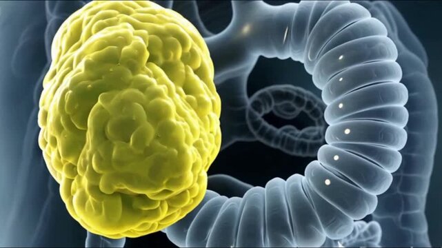 Medical depiction of a colon tumor: Detailed and informative, this image illuminates the presence of a cancerous growth within the human colon, ideal for medical and educational purposes.