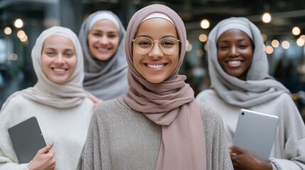 Hijabi women working in a coworking space, casual yet professional vibe, holding notebooks, tablets, and smartphones, multicultural group, full-body view