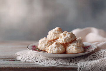 Delicious homemade cookies piled high on a vintage plate. Sweet treats evoke warmth, comfort, and indulgence. Perfect for food blogs, baking promotions, or nostalgic themes.