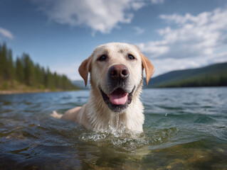 Joyful retriever swimming in a clear lake, summer adventure. Captures freedom, happiness, and connection with nature. Perfect for petrelated themes, outdoors and vacations.