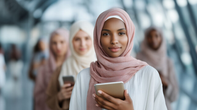 Hijabi women working in a coworking space, casual yet professional vibe, holding notebooks, tablets, and smartphones, multicultural group, full-body view - Powered by Adobe
