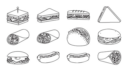 Collection of hand drawn fast food snacks and sandwiches sketch isolated on white silhouette