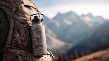 Adventure awaits a backpack and water bottle against a mountain backdrop. Perfect for travel blogs, fitness promos,  outdoor campaigns. Stay hydrated, explore