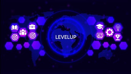 Level up global business success with digital transformation and innovation icons on a futuristic world map background for corporate growth and achievement concepts - Powered by Adobe