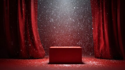 Festive christmas and new year banner with snowy decoration featuring red fabric background, elegant red curtains, glittering red backdrop, and a spotlight illuminated red podium product stage for hol