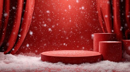 Festive christmas and new year banner with snowy decoration featuring red fabric background, elegant red curtains, glittering red backdrop, and a spotlight illuminated red podium product stage for hol