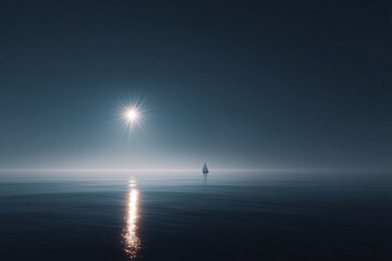 A serene seascape featuring a lone sailboat gliding across calm waters under a bright sun. Evokes tranquility, adventure, and escape. Ideal for travel, lifestyle, and aspirational themes.