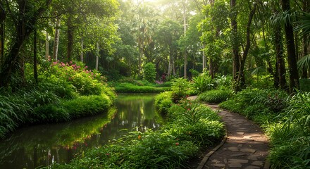 Sunlit Forest Path, Lush Greenery, Calm Creek