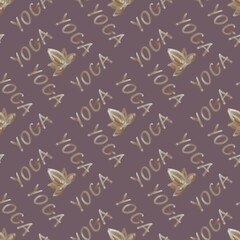Seamless Yoga Pattern with Golden Text and Lotus Symbol on Purple Background