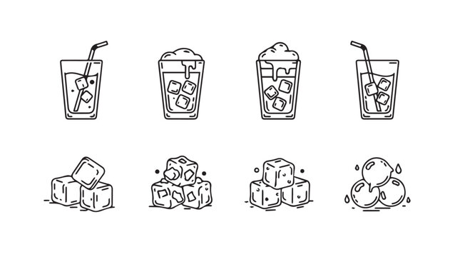 Collection of cool refreshing drinks and ice cubes sketch style icons silhouette