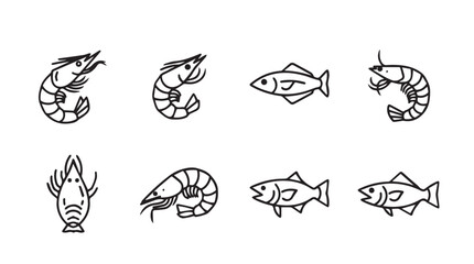 Hand drawn seafood icons collection featuring shrimp and fish sketches for culinary projects silhouette