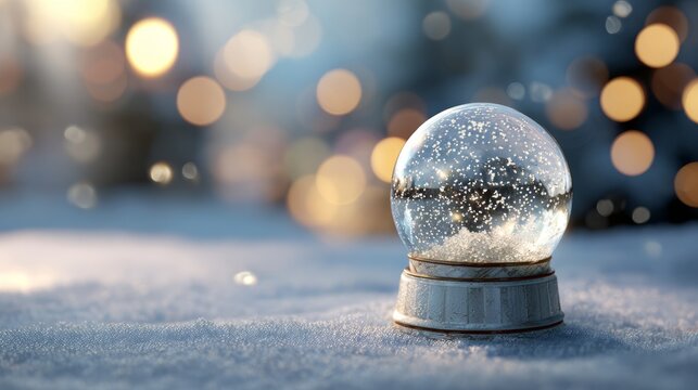 Empty snow globe on snowy surface with soft bokeh light background, festive winter decoration element for christmas mockups, holiday design projects, seasonal crafts, and magical winter-themed illustr