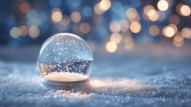 Empty snow globe on snowy surface with soft bokeh light background, festive winter decoration element for christmas mockups, holiday design projects, seasonal crafts, and magical winter-themed illustr